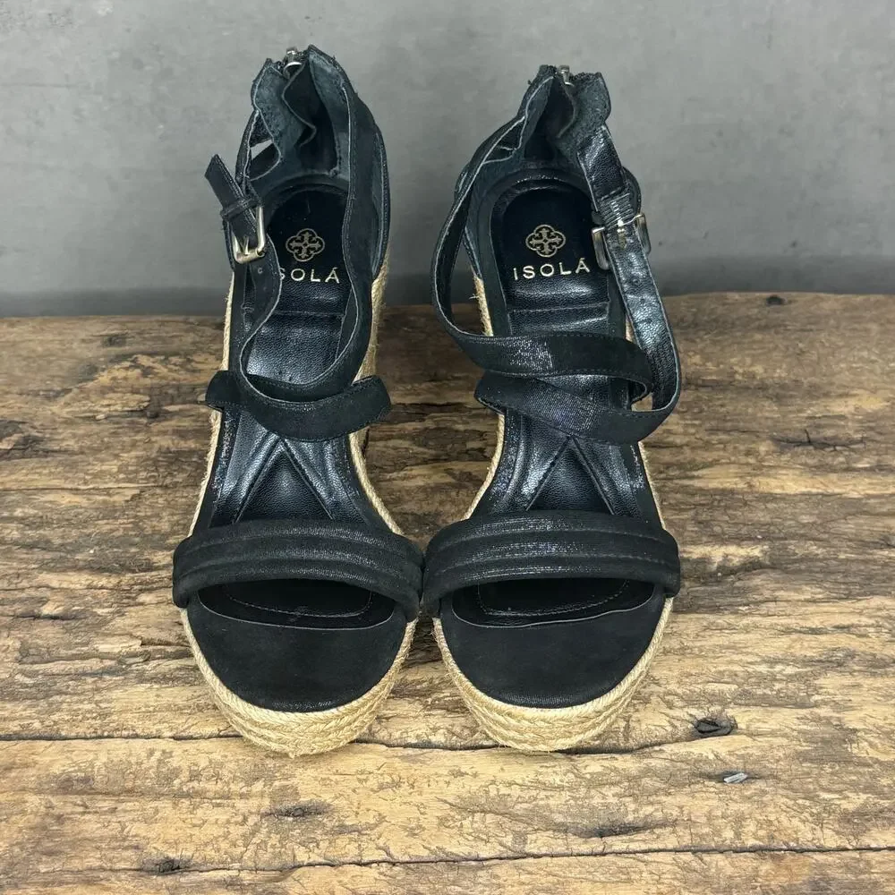 Isola Black Leather Strappy Espadrille Wedge Sandals Zipper Size 8